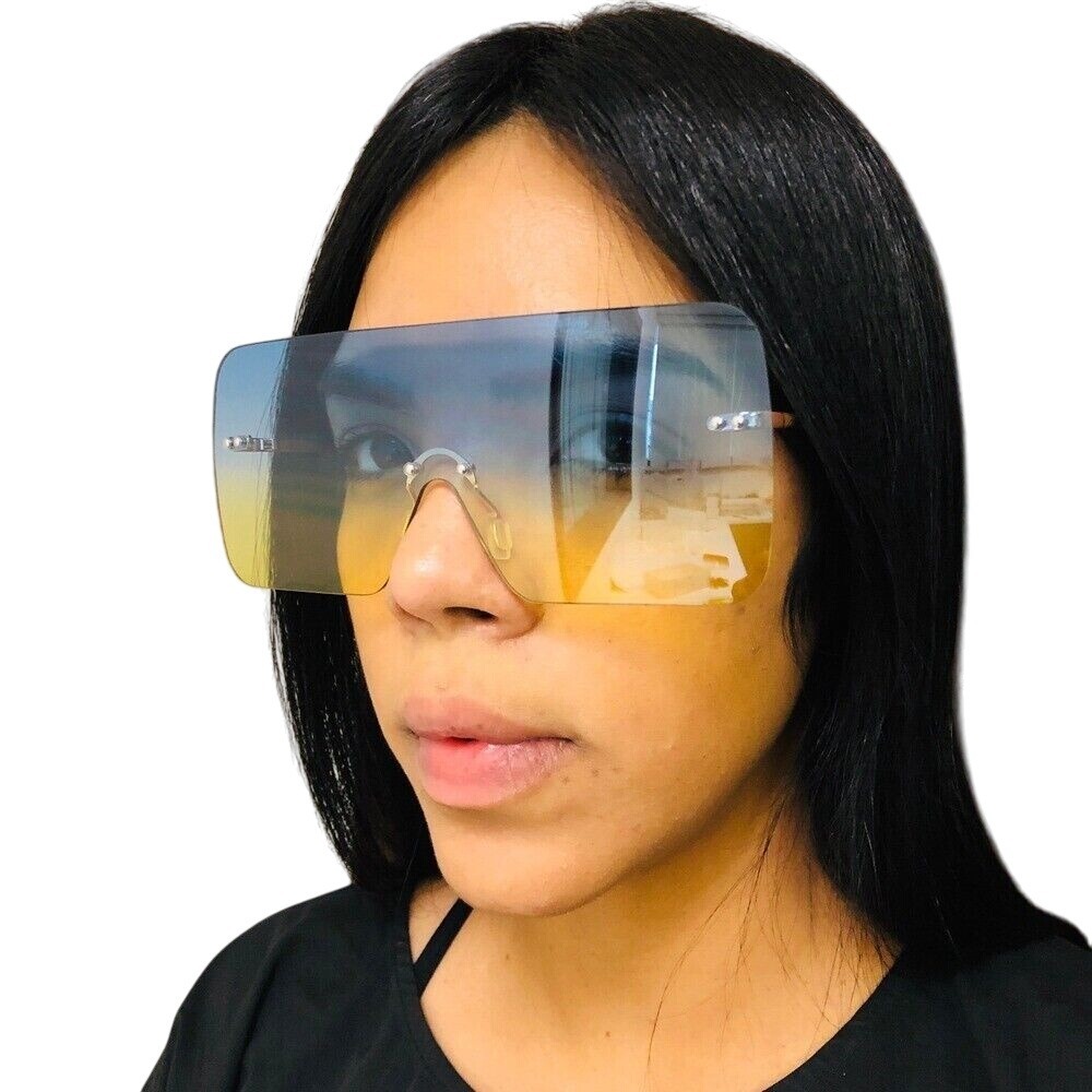 Rimless Large Sunglasses Blue Yellow Gradient Lens Fashion Sunnies Beach Shades